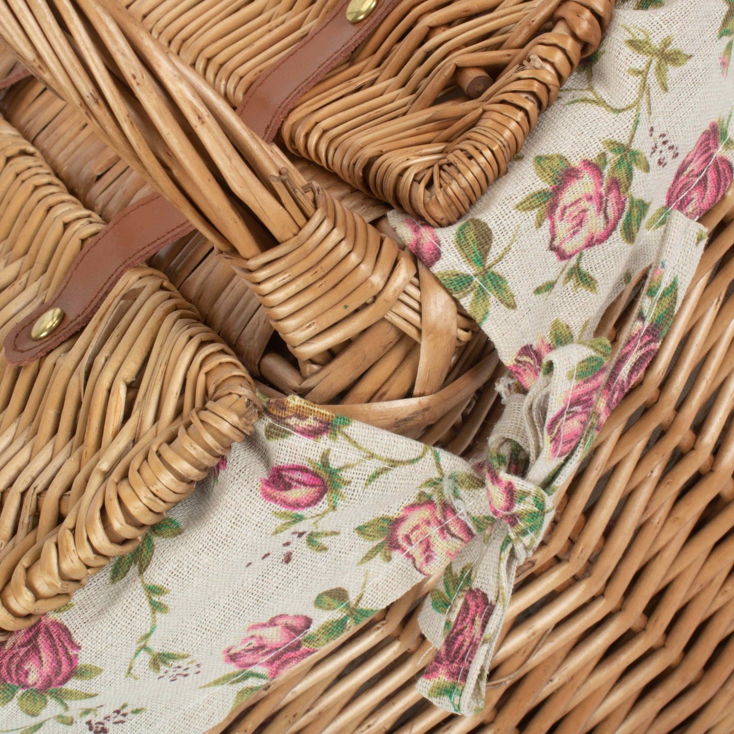Light Steamed Willow Oval Lidded Picnic Hamper Basket with Garden Rose Lining
