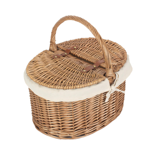 Light Steamed Willow Oval Lidded Picnic Hamper Basket with White Lining