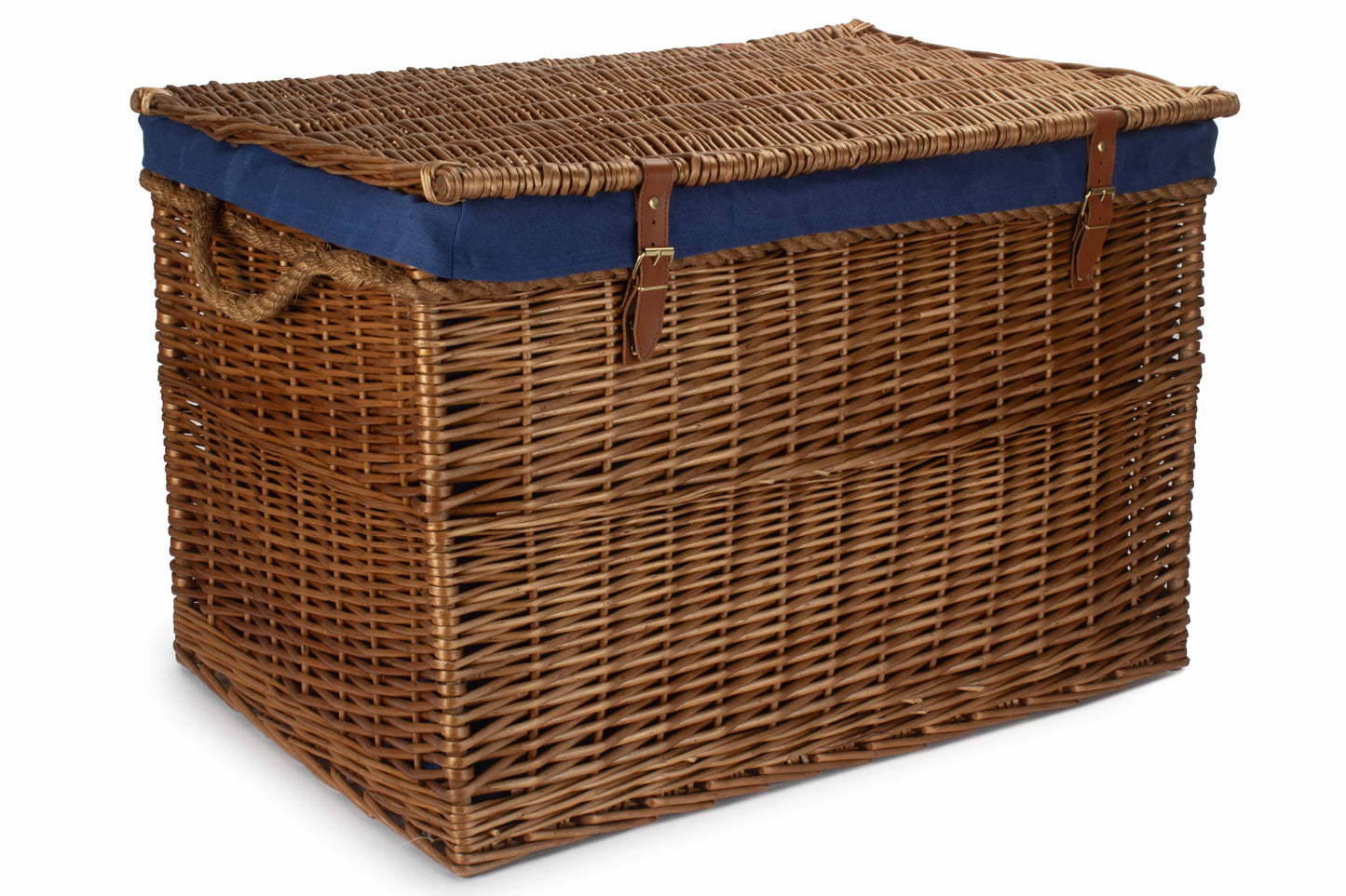 29 Inch Light Steamed Willow Storage Hamper with Navy Blue Lining