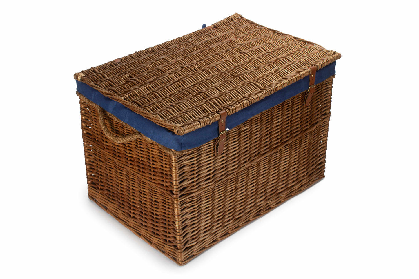 29 Inch Light Steamed Willow Storage Hamper with Navy Blue Lining