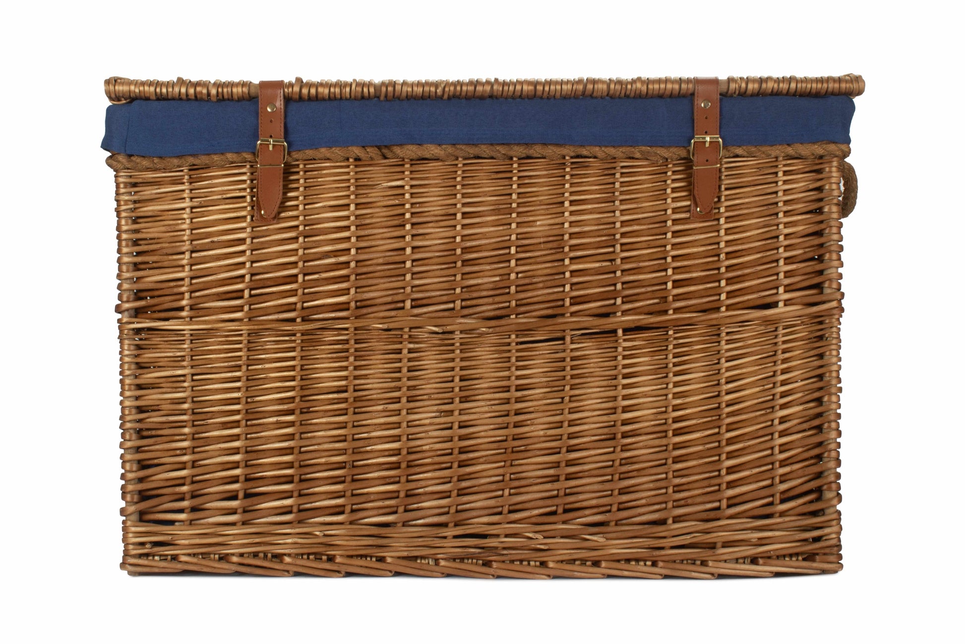 29 Inch Light Steamed Willow Storage Hamper with Navy Blue Lining