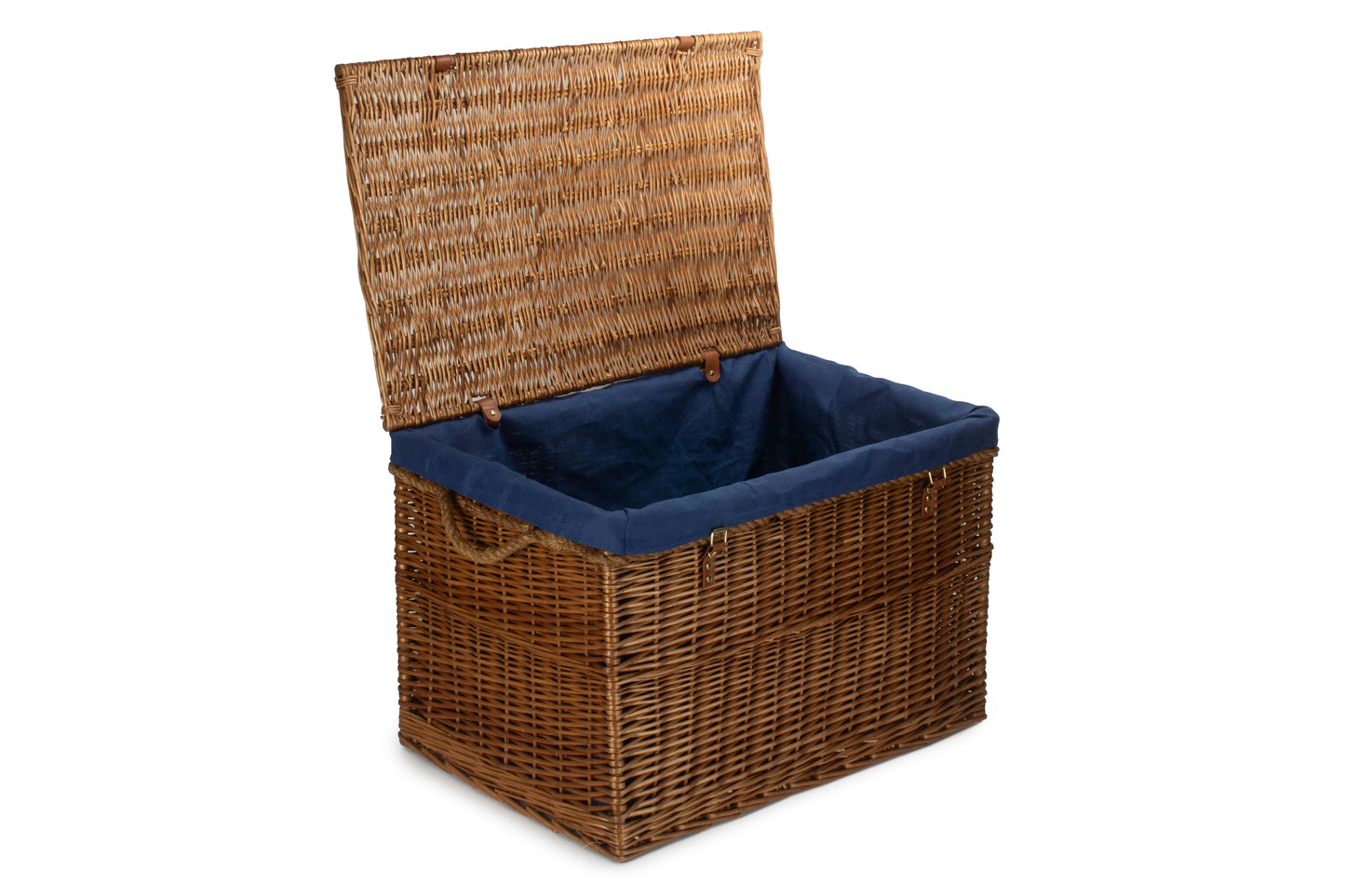 29 Inch Light Steamed Willow Storage Hamper with Navy Blue Lining