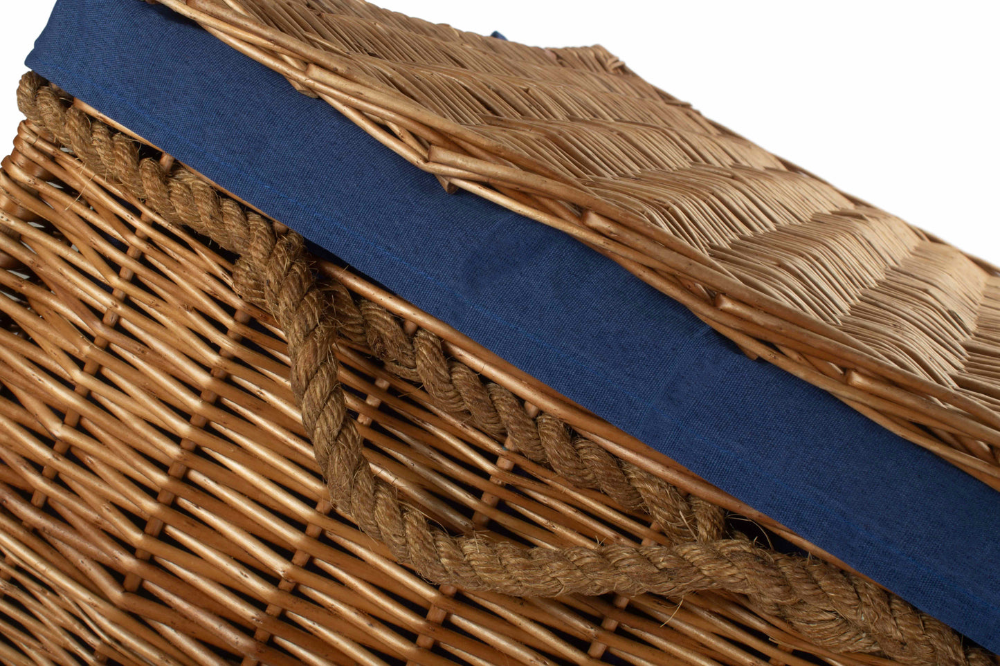 29 Inch Light Steamed Willow Storage Hamper with Navy Blue Lining