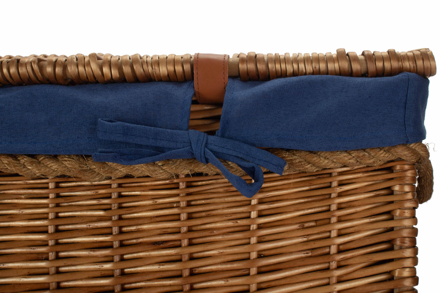 29 Inch Light Steamed Willow Storage Hamper with Navy Blue Lining