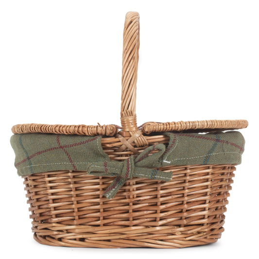 Child's Light Steamed Finish Willow Oval Picnic Basket with Green Tweed Lining
