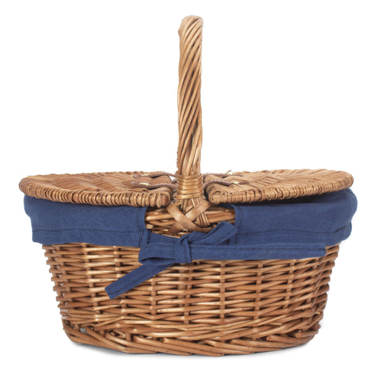 Child's Light Steamed Finish Willow Oval Picnic Basket with Navy Blue Lining