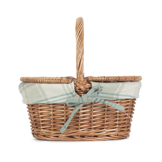 Child's Light Steamed Finish Willow Oval Picnic Basket with Cream Tartan Lining