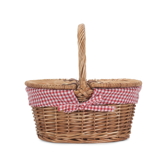 Child's Light Steamed Finish Willow Oval Picnic Basket with Red & White Checked Lining