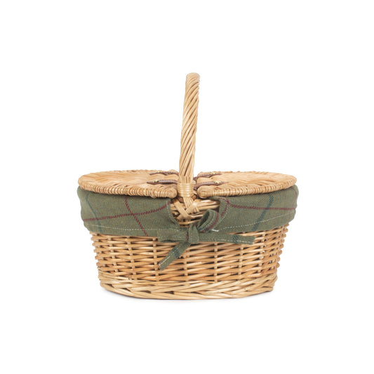 Child's Oval Willow Lidded Picnic Hamper with Green Tweed Lining