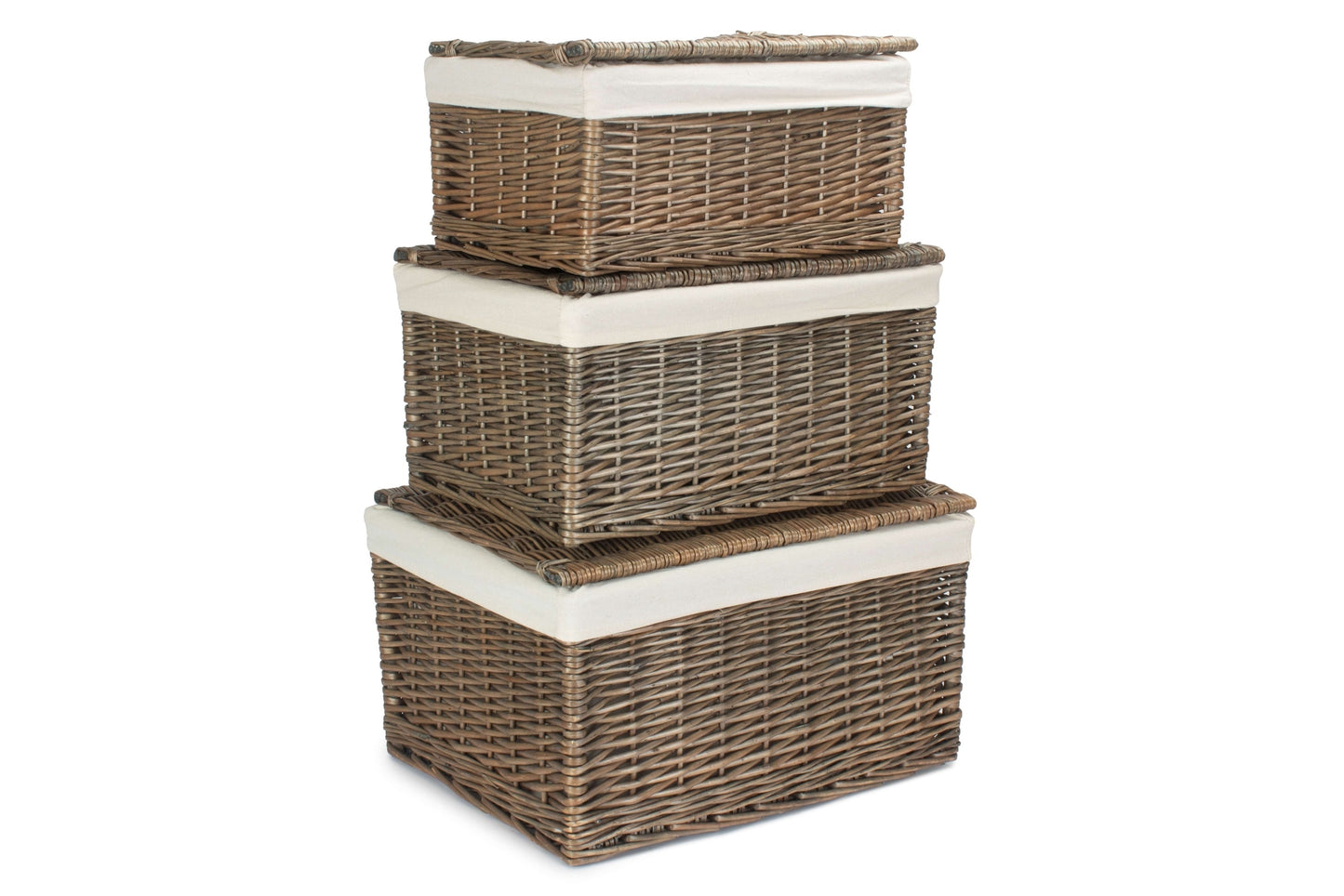 Antique Wash Willow Storage Hamper with White Lining Set 3