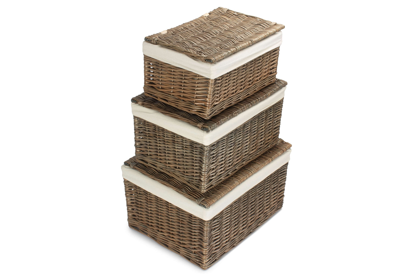 Antique Wash Willow Storage Hamper with White Lining Set 3