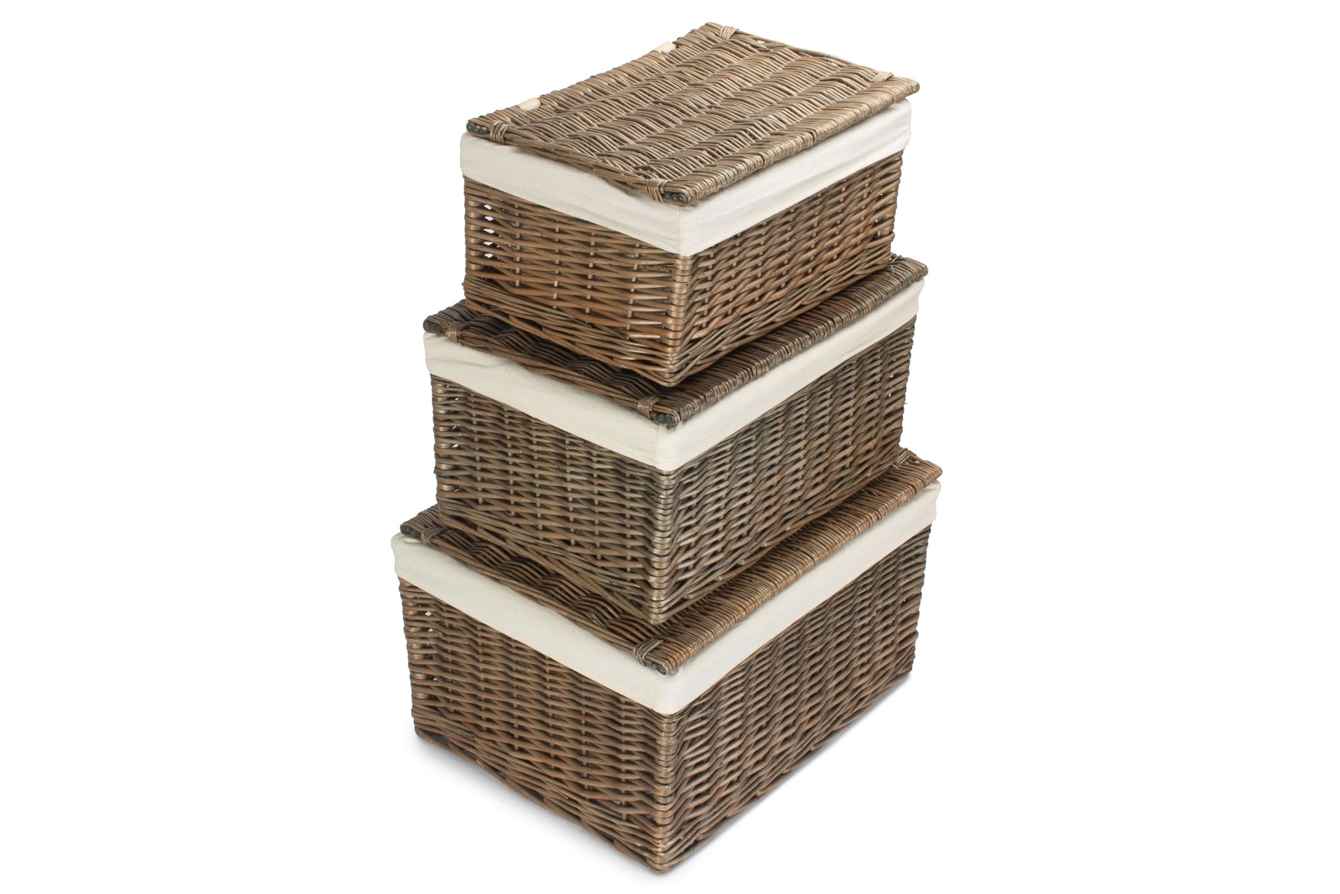 Antique Wash Willow Storage Hamper with White Lining Set 3
