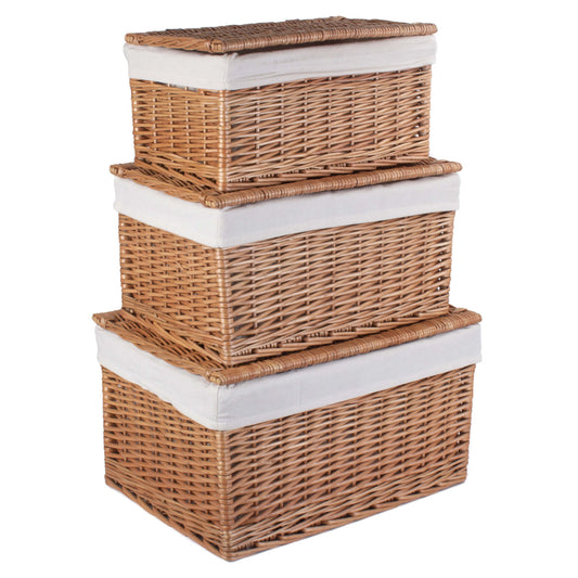Double Steamed Storage Willow Hamper with White Lining Set 3