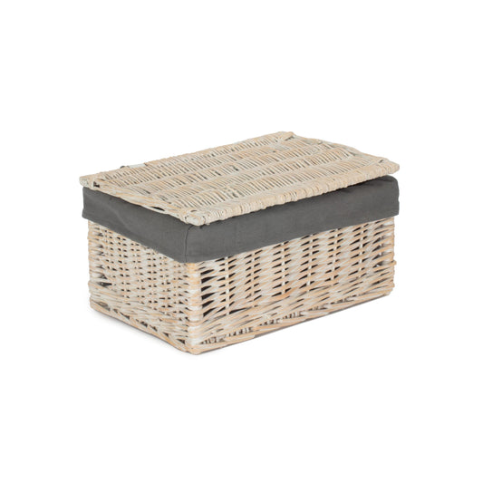 Medium White Wash Finish Willow Storage Hamper with Grey Sage Lining