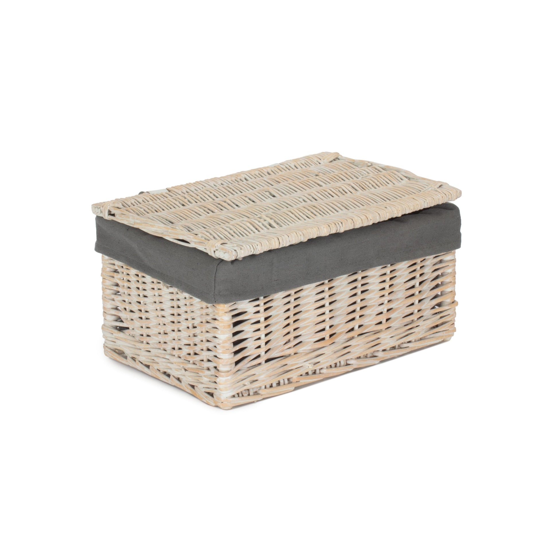 Medium White Wash Finish Willow Storage Hamper with Grey Sage Lining