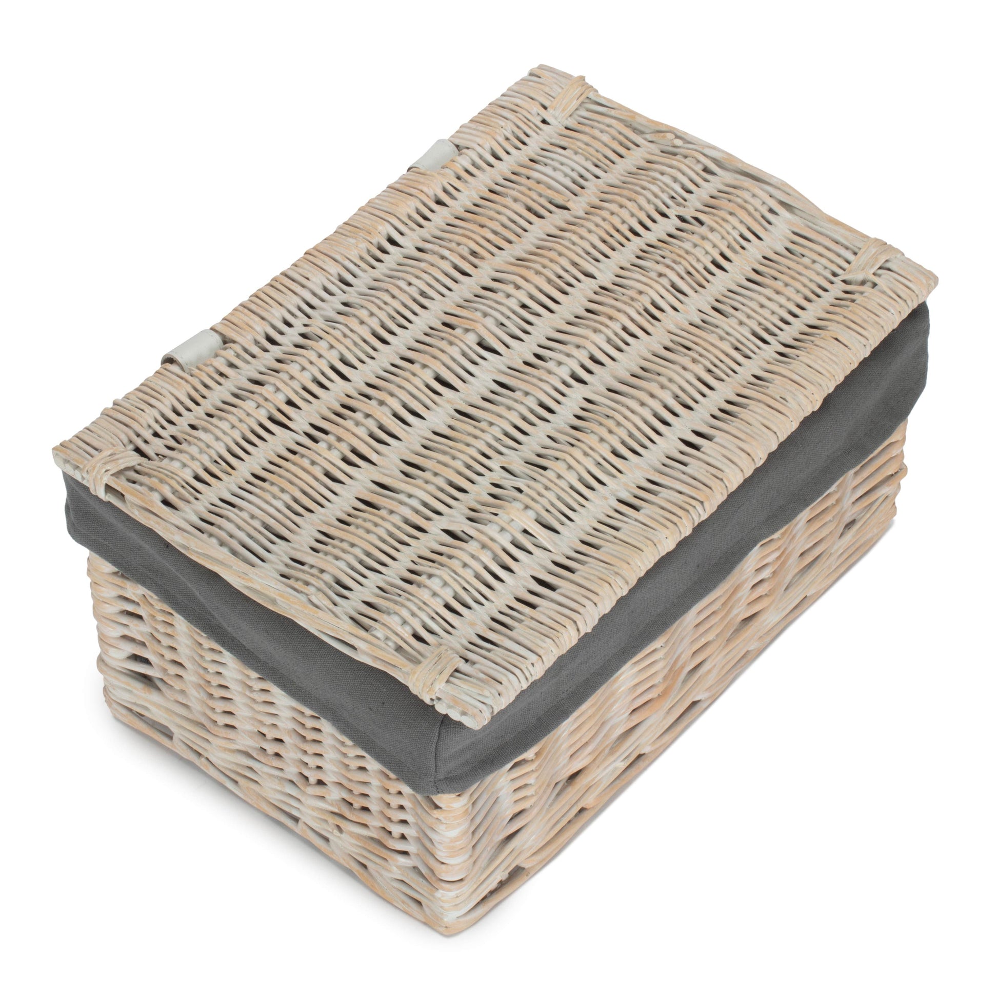 Medium White Wash Finish Willow Storage Hamper with Grey Sage Lining