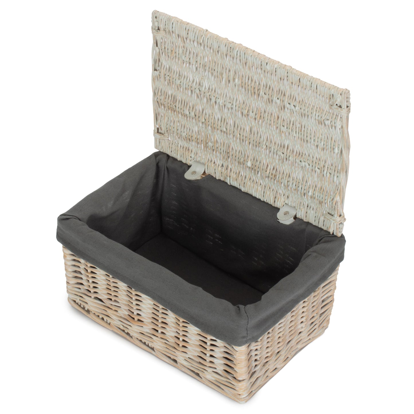 Medium White Wash Finish Willow Storage Hamper with Grey Sage Lining