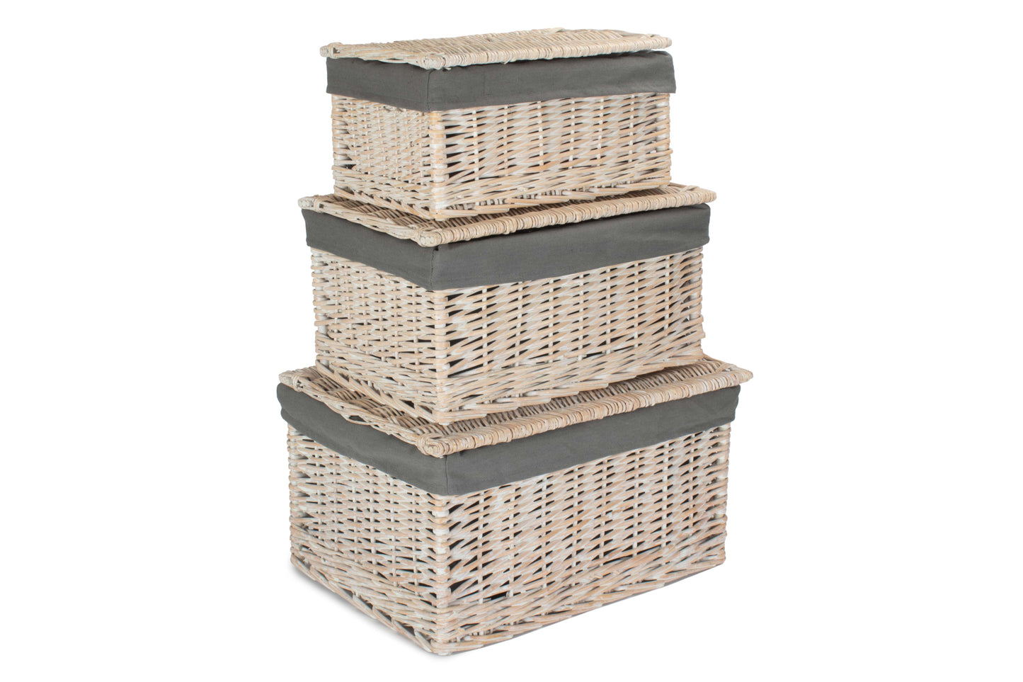 White Wash Finish Willow Storage Hamper with Grey Sage Lining Set 3