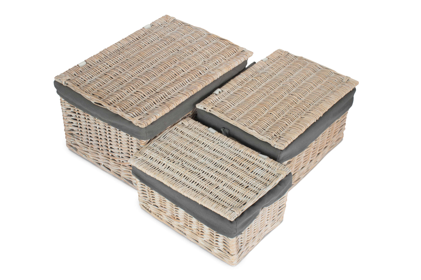 White Wash Finish Willow Storage Hamper with Grey Sage Lining Set 3