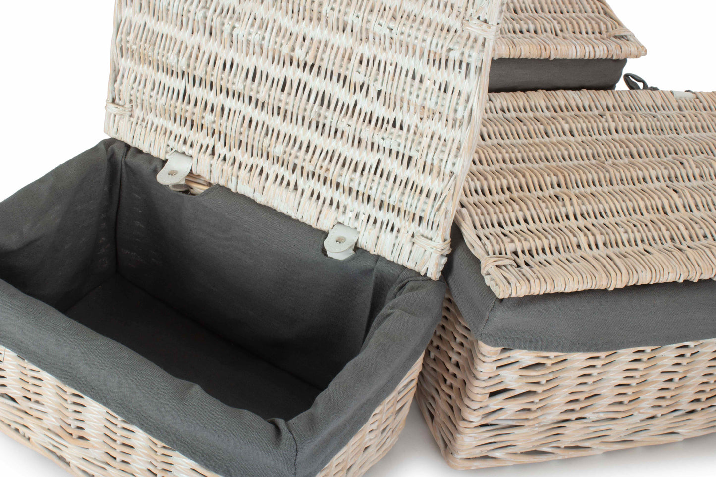 White Wash Finish Willow Storage Hamper with Grey Sage Lining Set 3