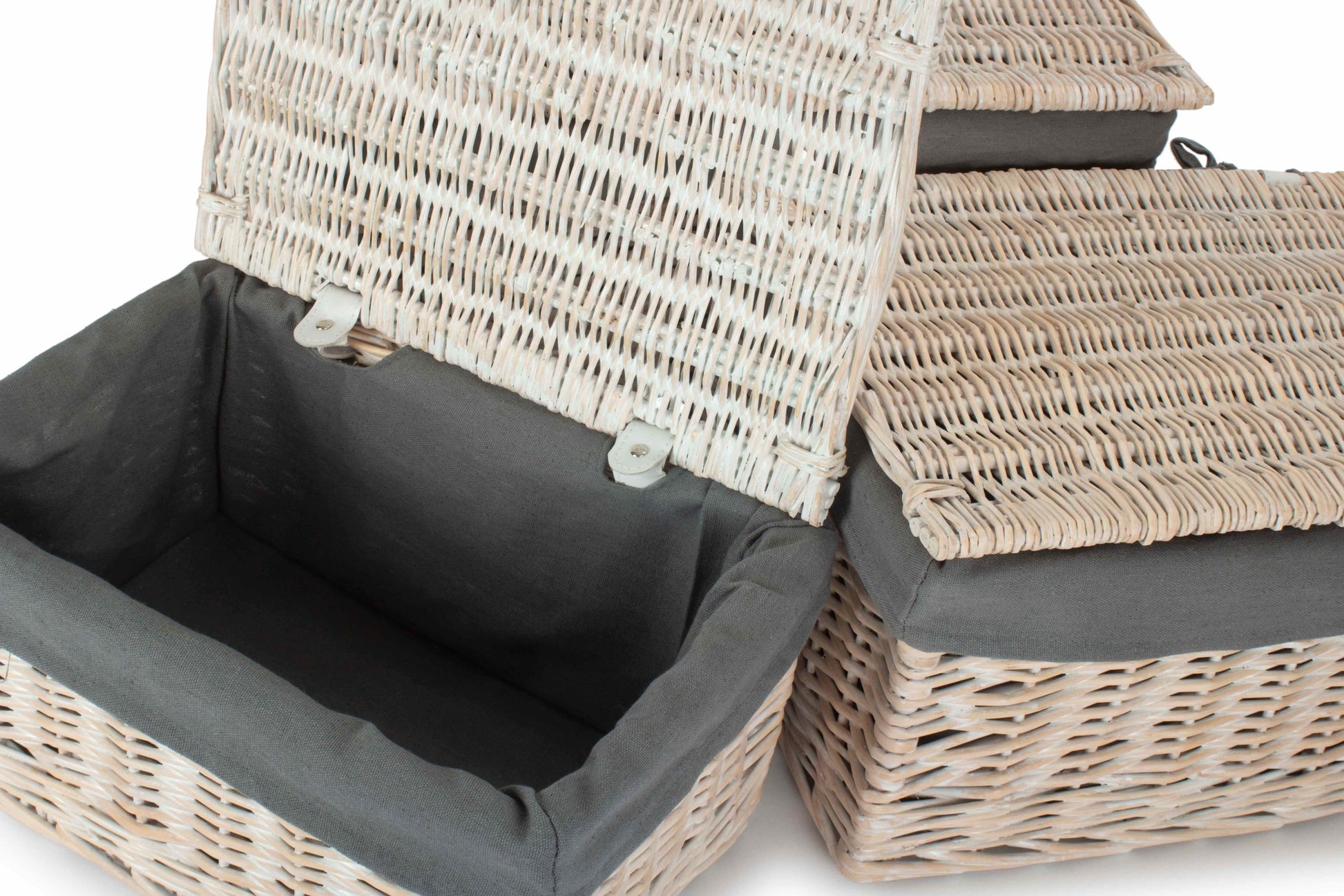 White Wash Finish Willow Storage Hamper with Grey Sage Lining Set 3