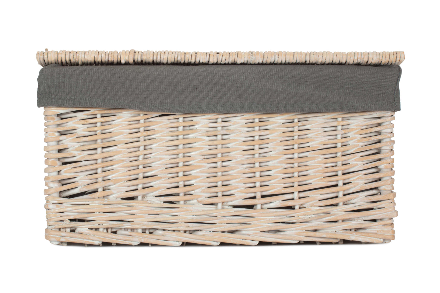 Large White Wash Finish Willow Storage Hamper with Grey Sage Lining