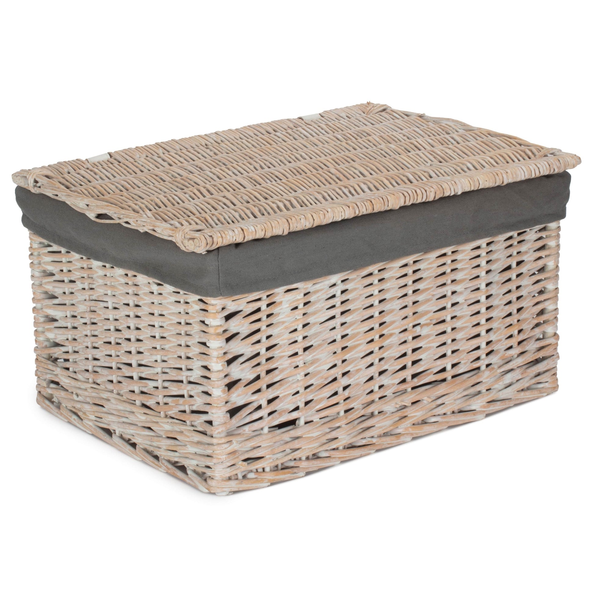 Extra Large White Wash Finish Willow Storage Hamper with Grey Sage Lining