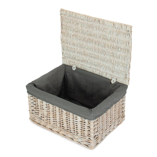 Extra Large White Wash Finish Willow Storage Hamper with Grey Sage Lining