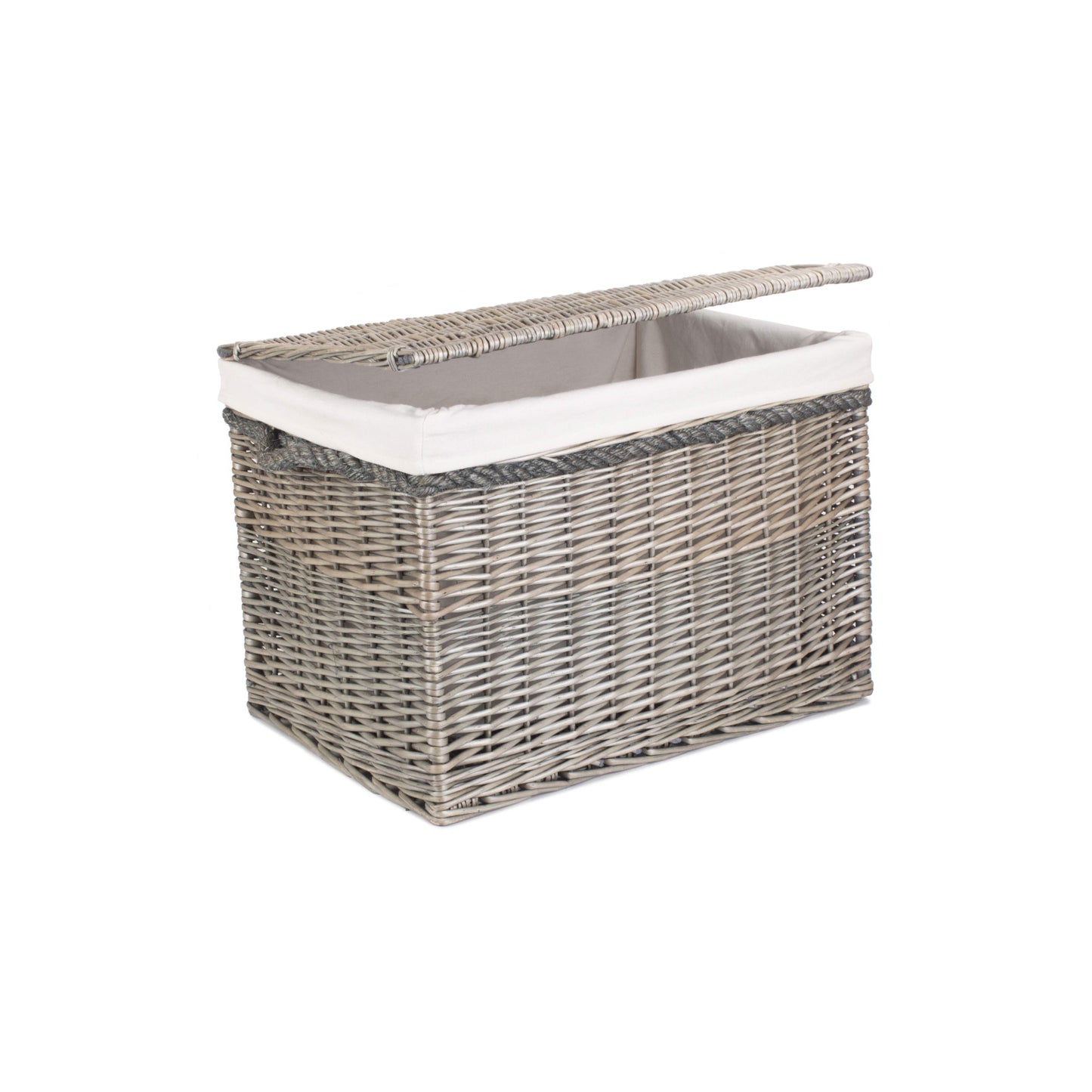 23 Inch Antique Wash Willow Storage Hamper with Rope Handles and White Lining