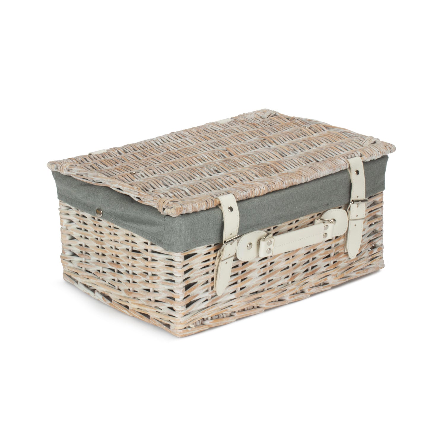 16 Inch White Wash Willow Hamper with Grey Sage Lining