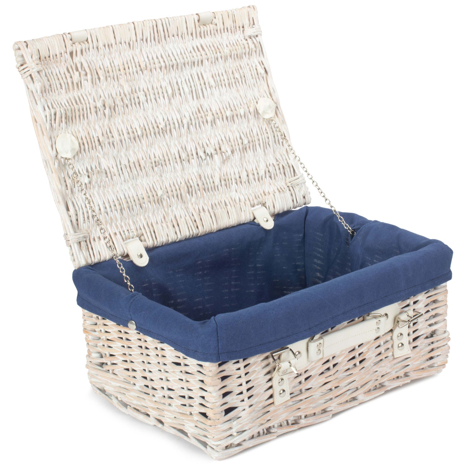 16 Inch White Wash Willow Hamper with Navy Blue Lining