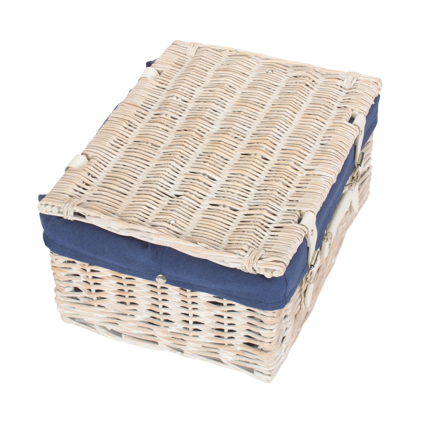 16 Inch White Wash Willow Hamper with Navy Blue Lining
