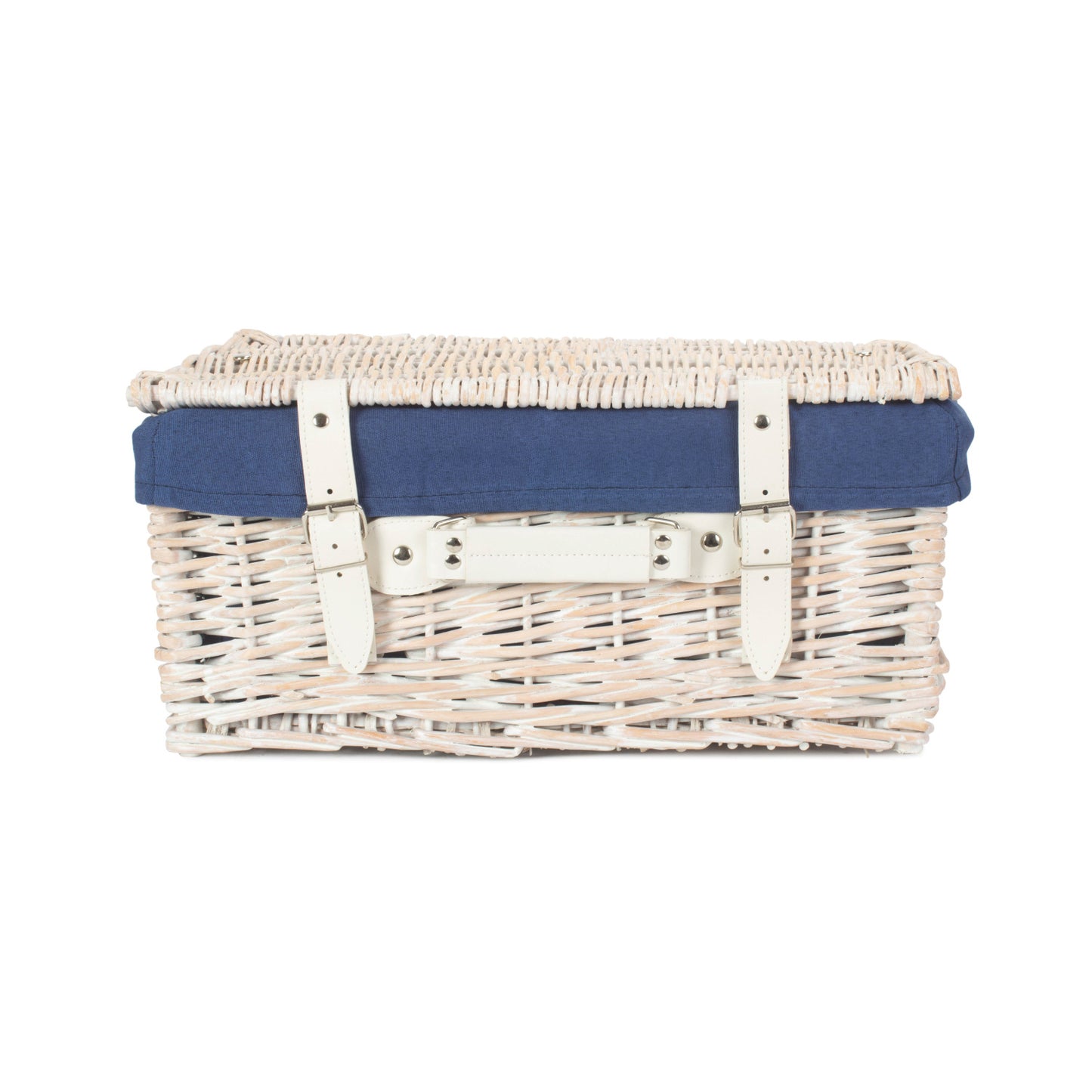 16 Inch White Wash Willow Hamper with Navy Blue Lining