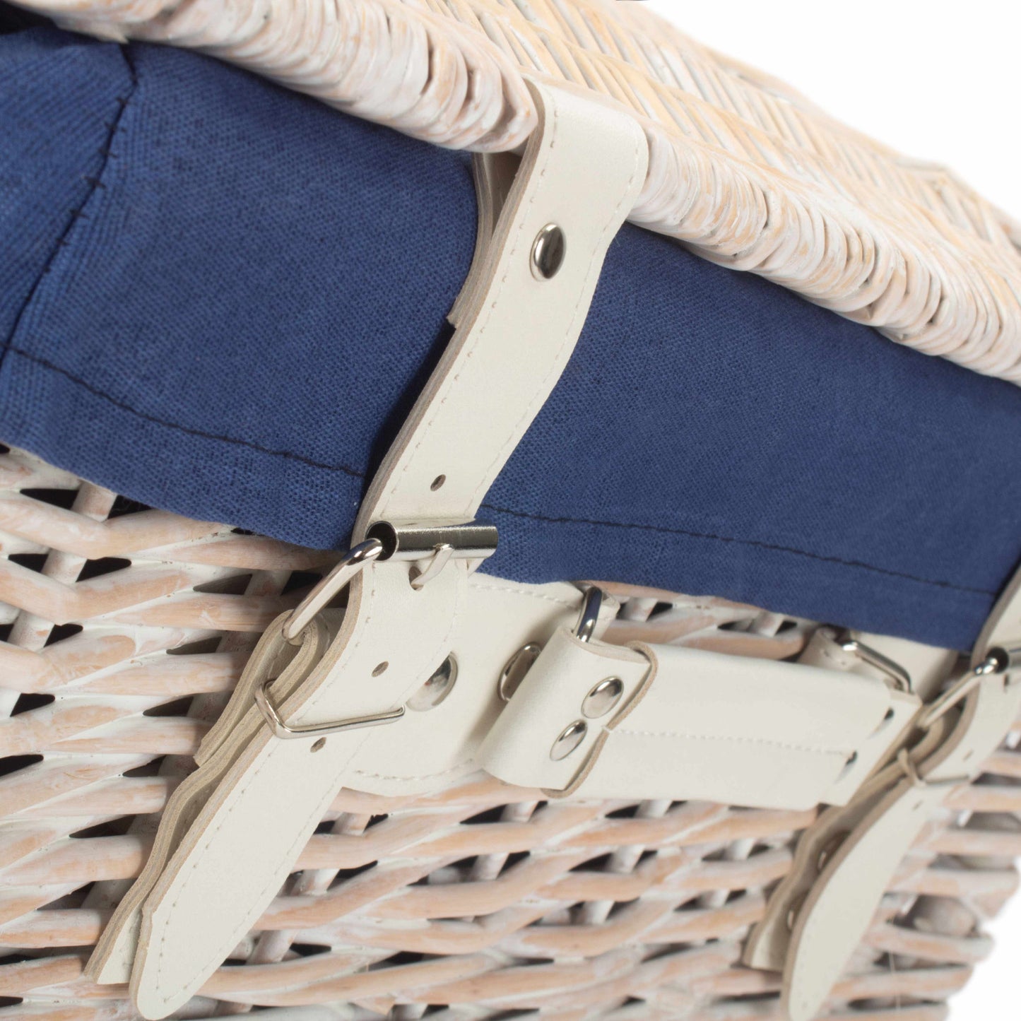16 Inch White Wash Willow Hamper with Navy Blue Lining