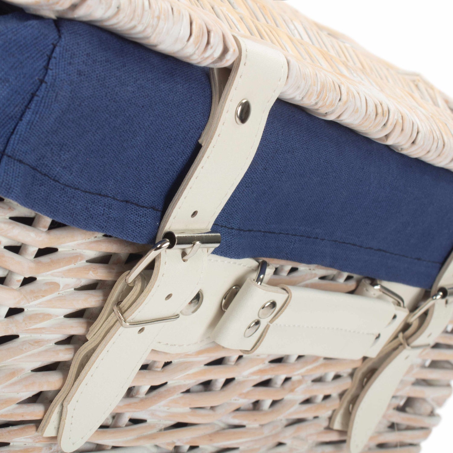 16 Inch White Wash Willow Hamper with Navy Blue Lining