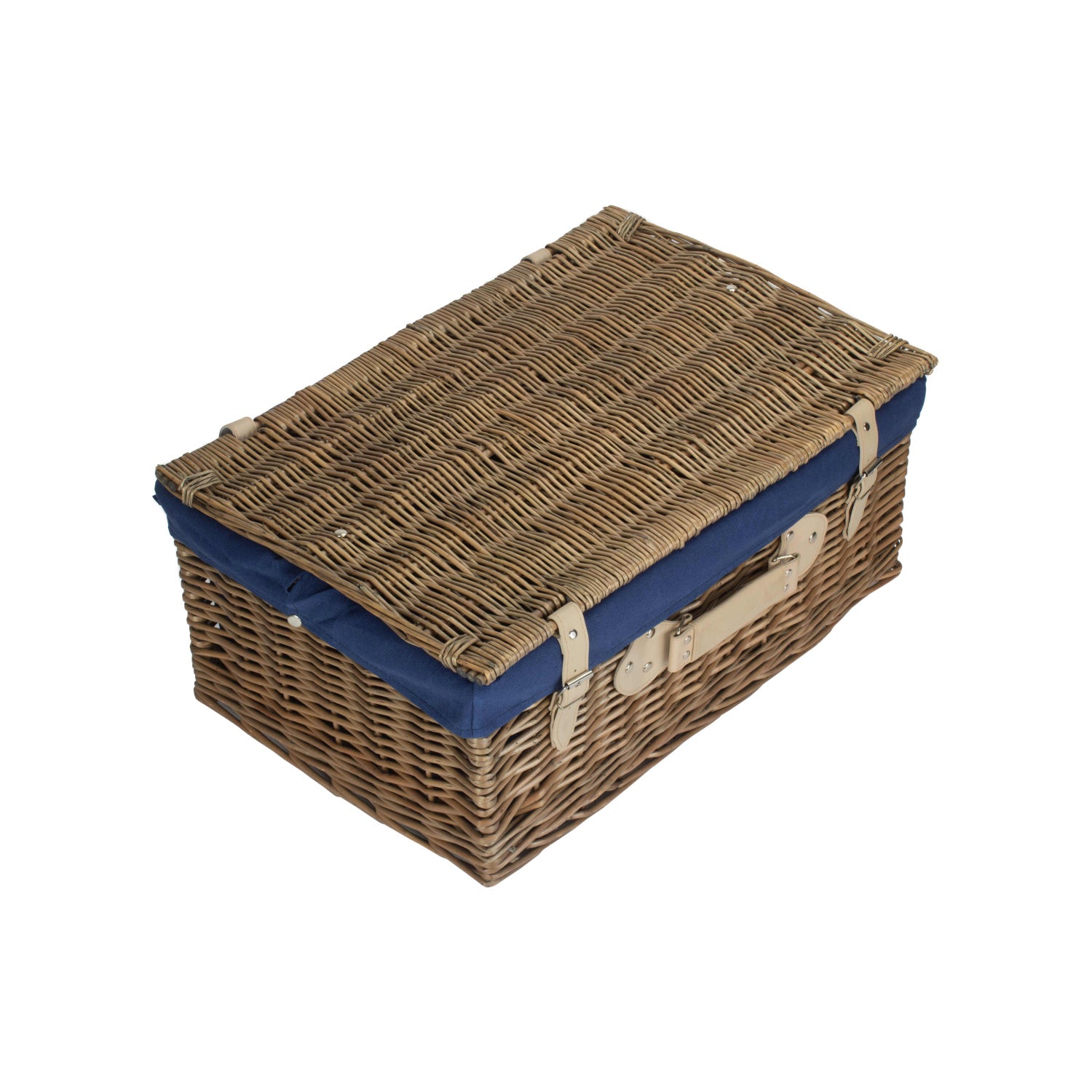 22 Inch Antique Wash Willow Hamper with Navy Blue Lining