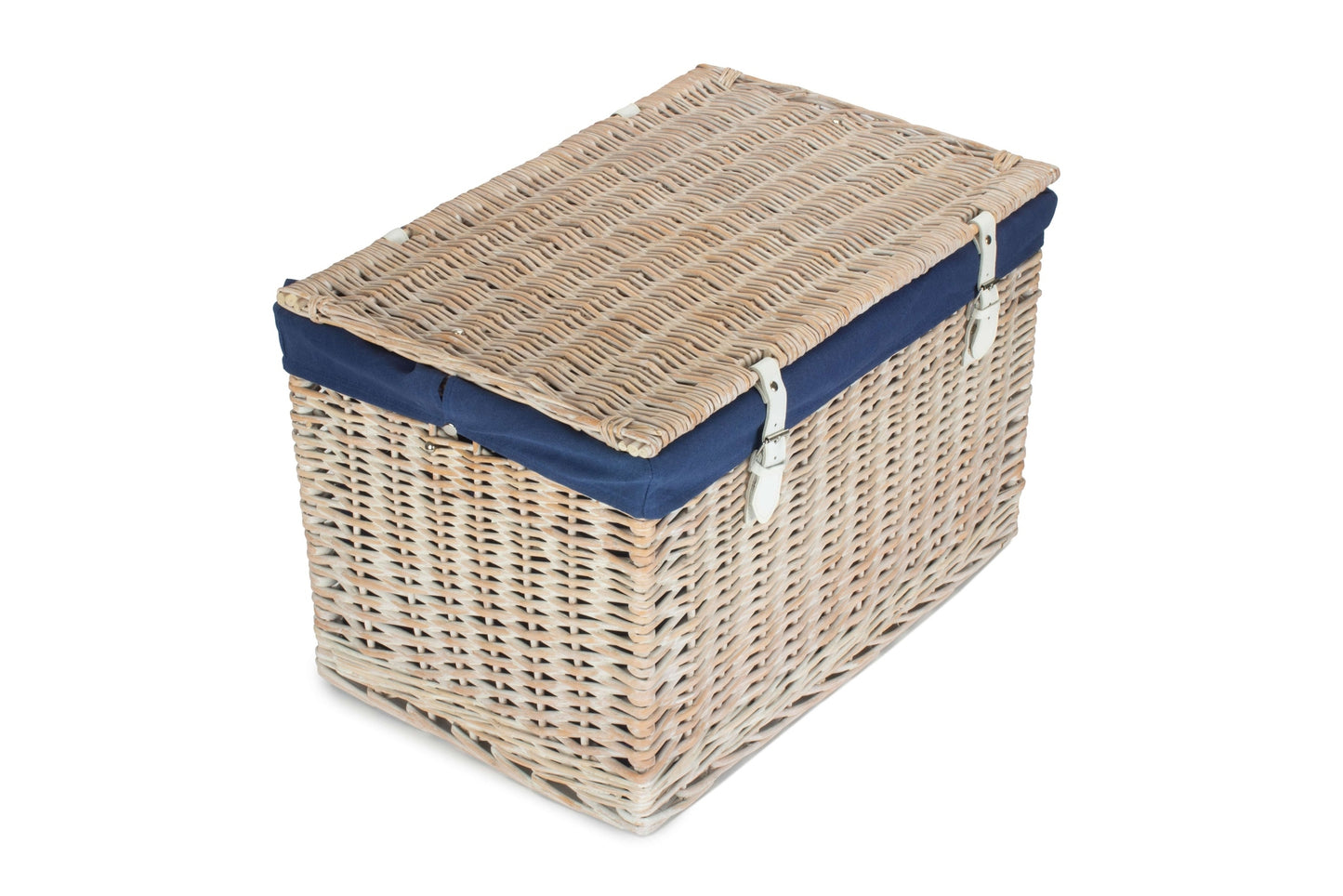 24 Inch White Wash Willow Chest Hamper with Navy Blue Lining