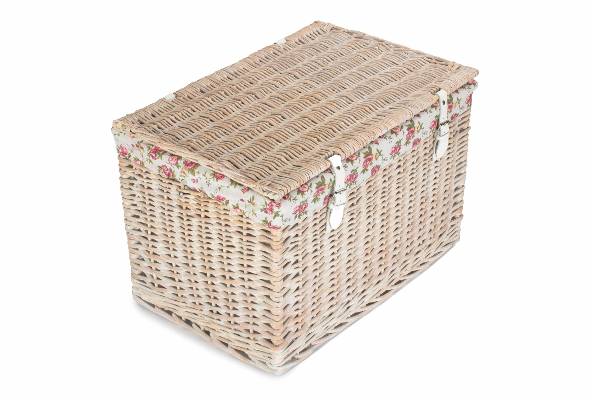 24 Inch White Wash Willow Chest Hamper with Garden Rose Lining