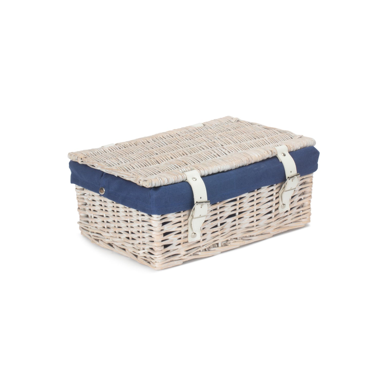 14 Inch Empty White Wash Wicker Hamper Basket with Navy Blue Lining