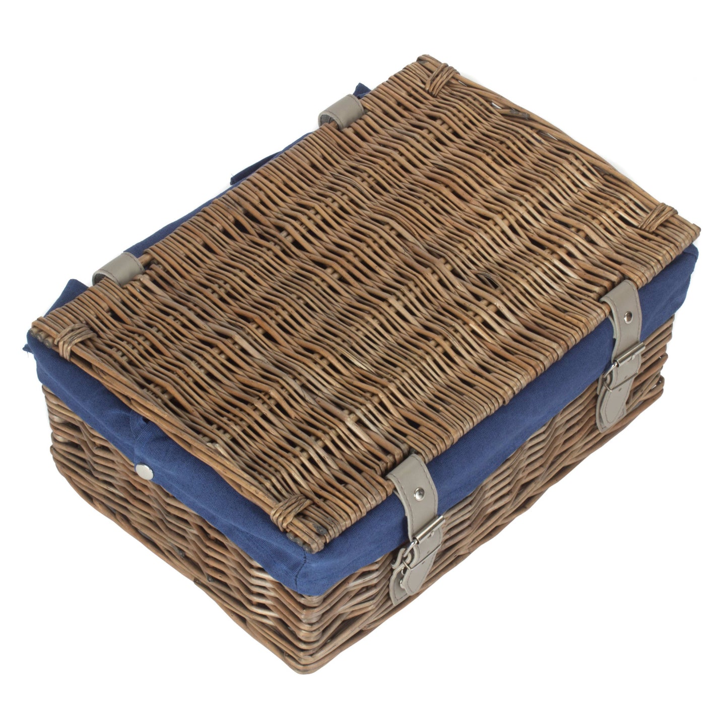 14 Inch Antique Wash Wicker Hamper Basket with Navy Blue Lining