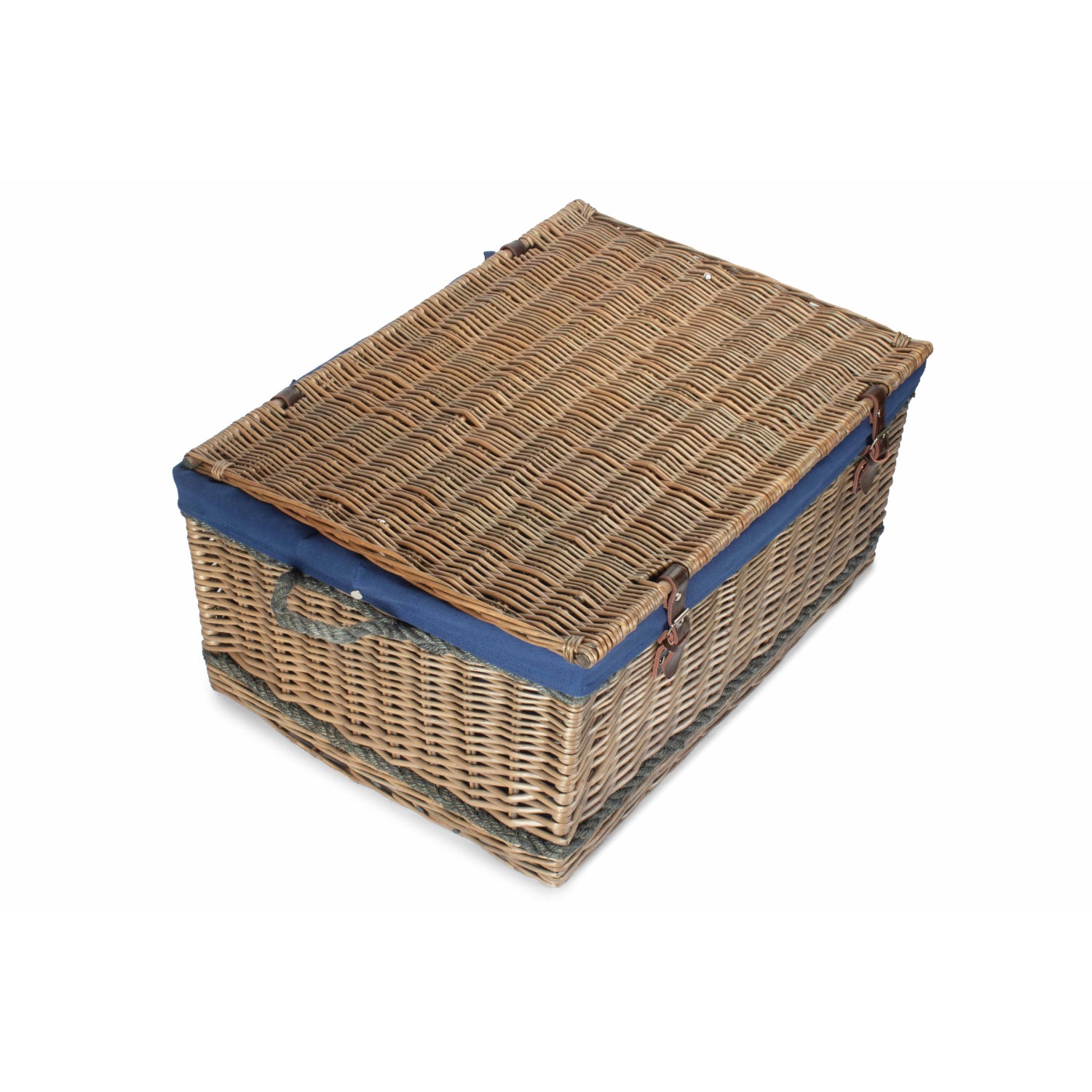 28 Inch Antique Wash Willow Rope Handled Hamper Trunk with Navy Blue Lining