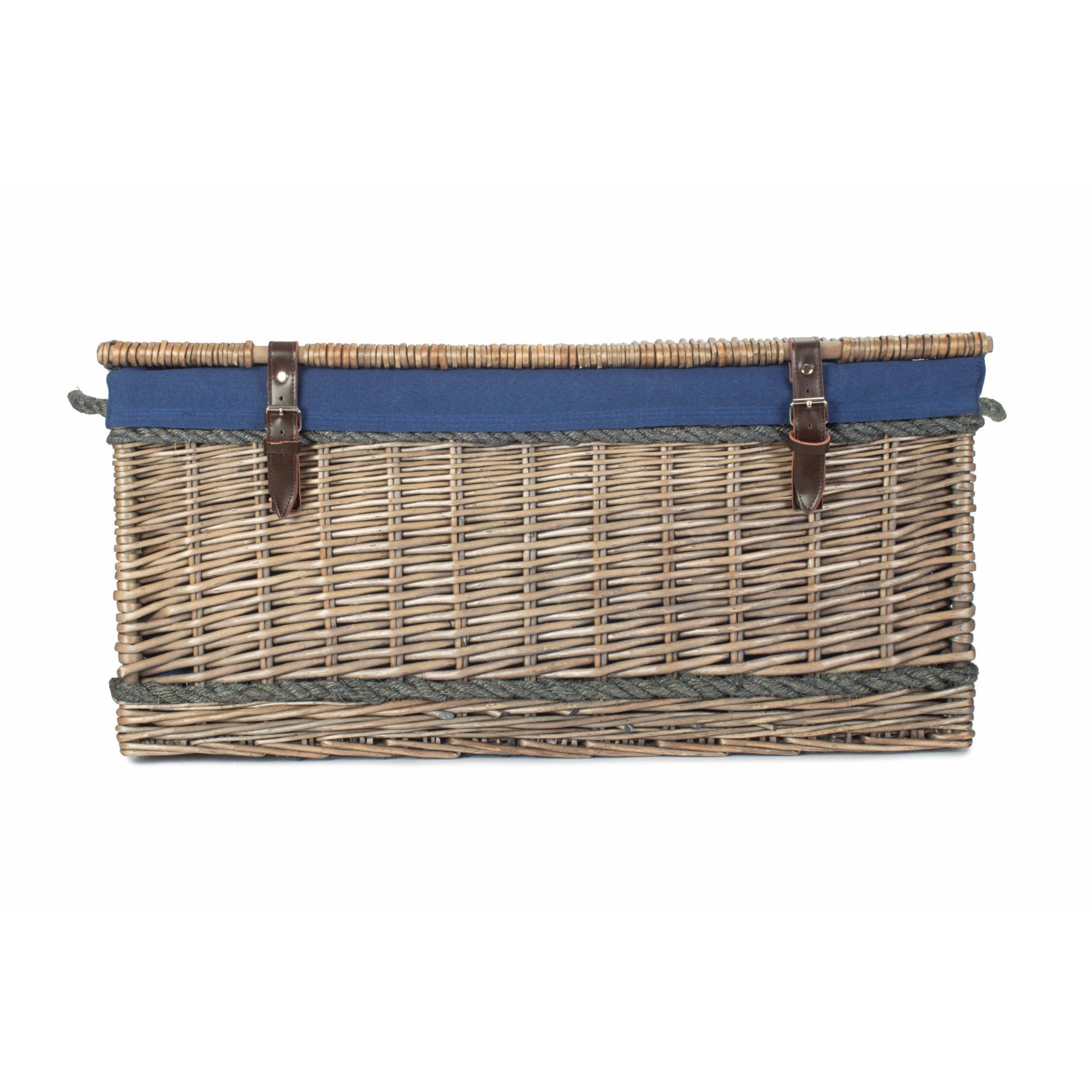 28 Inch Antique Wash Willow Rope Handled Hamper Trunk with Navy Blue Lining