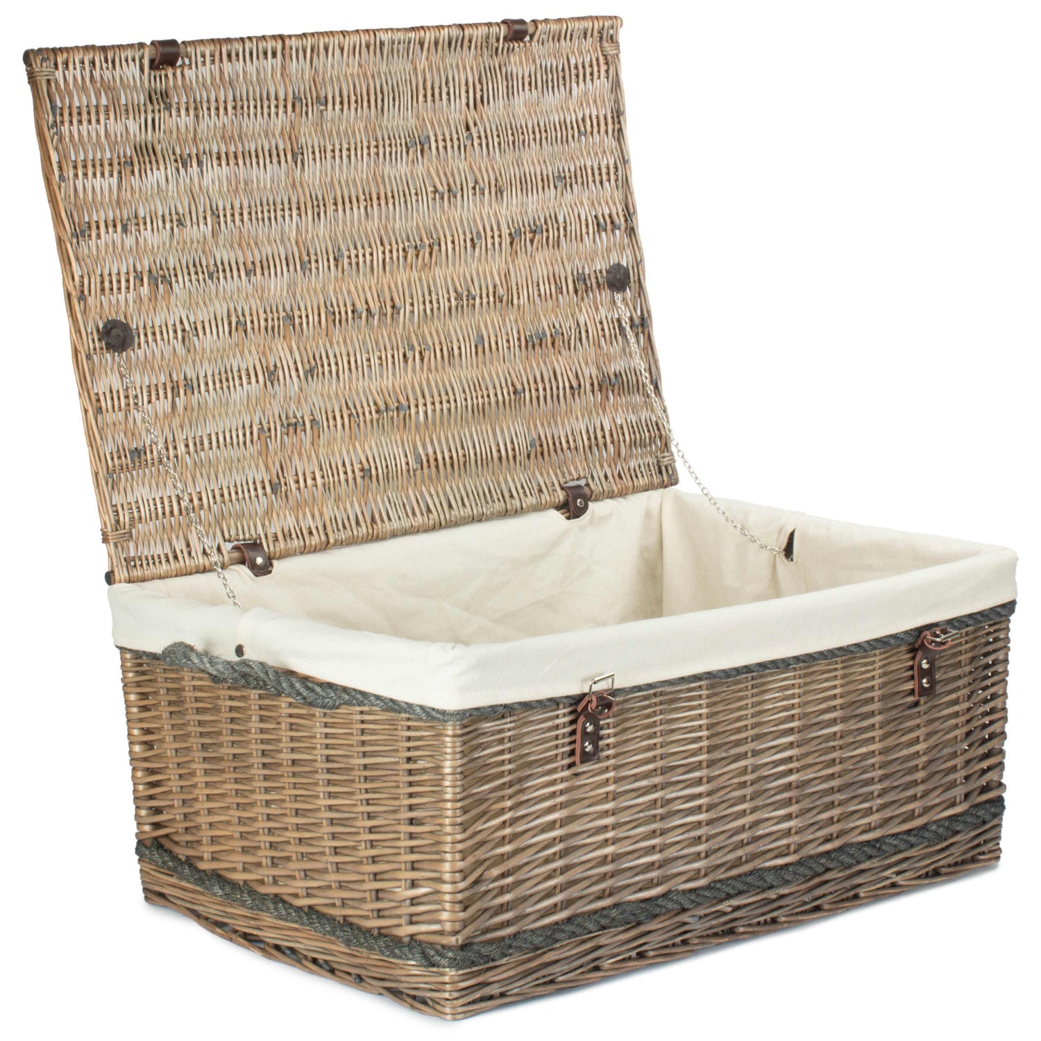 28 Inch Antique Wash Willow Rope Handled Hamper Trunk with White Lining