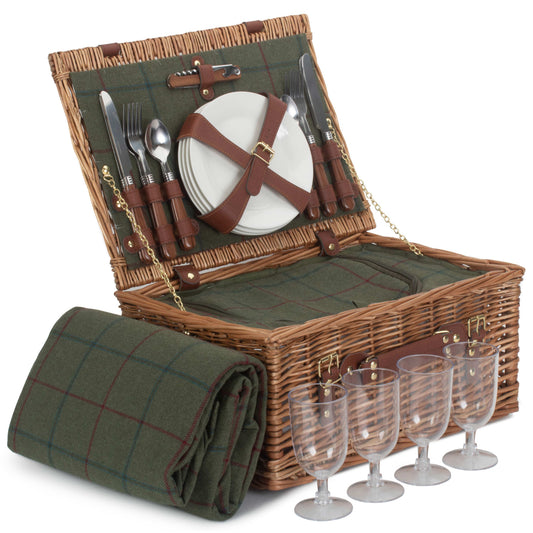 4 Person Green Tweed Classic Picnic Hamper