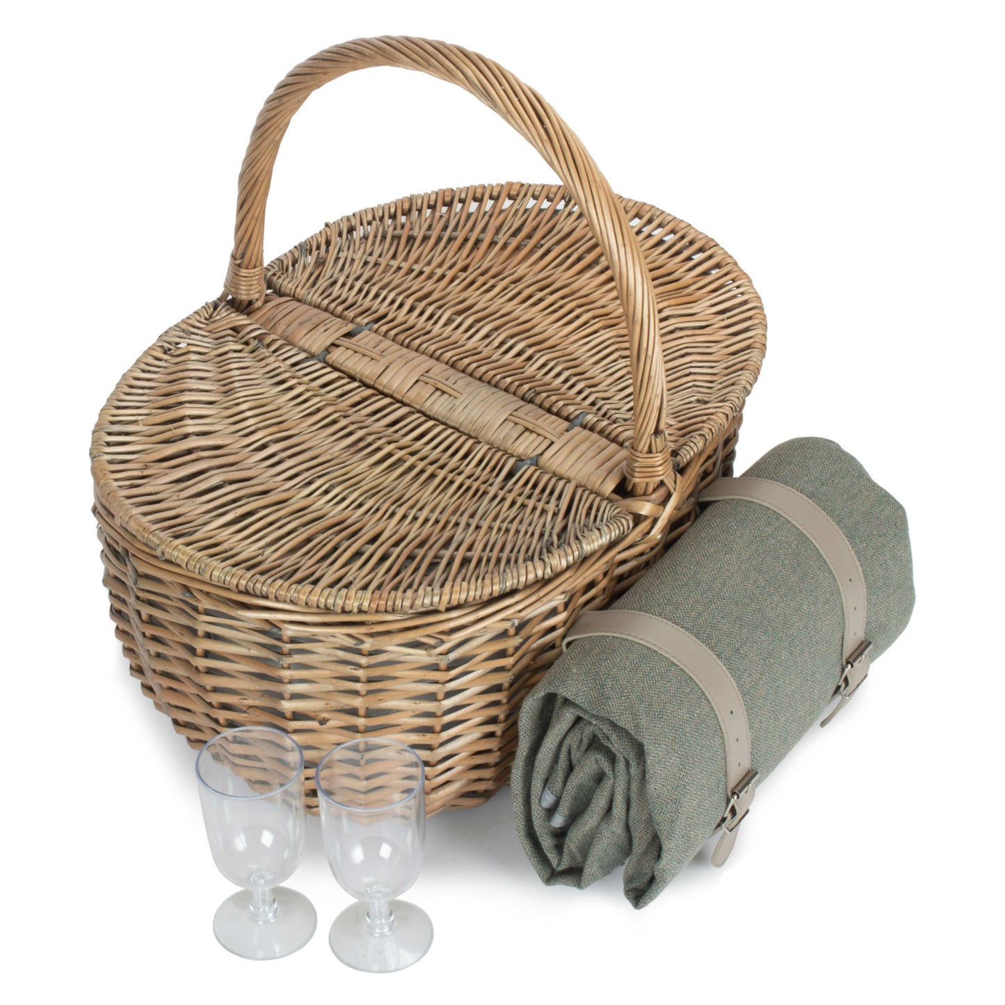 2 Person Oval Grey Sage Tweed Fitted Hamper