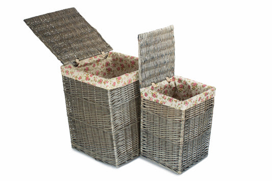 Antique Wash Willow Square Laundry Basket with Garden Rose Lining Set 2