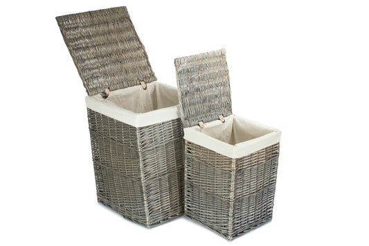 Antique Wash Willow Square Laundry Basket with White Lining Set 2