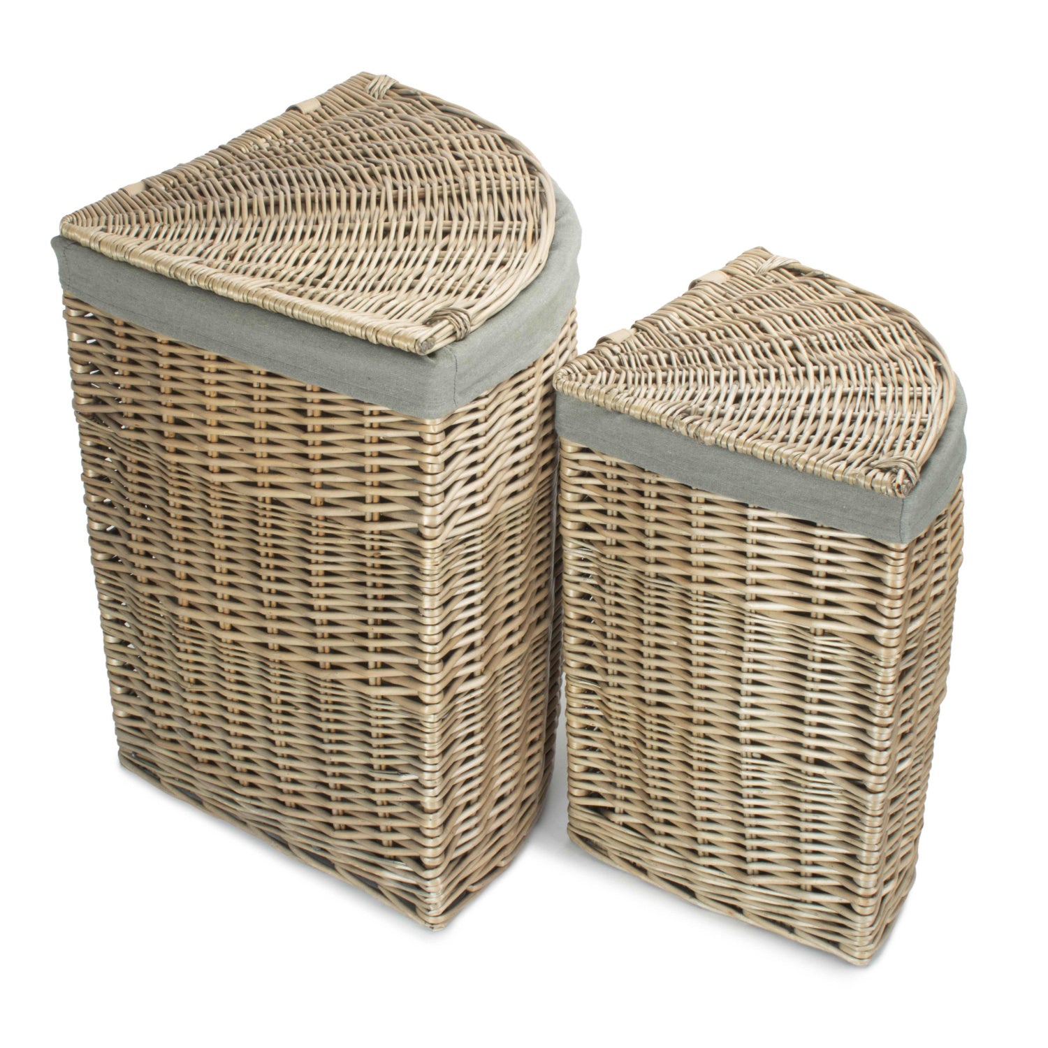 Antique Wash Willow Corner Linen Basket with Grey Sage Lining Set 2