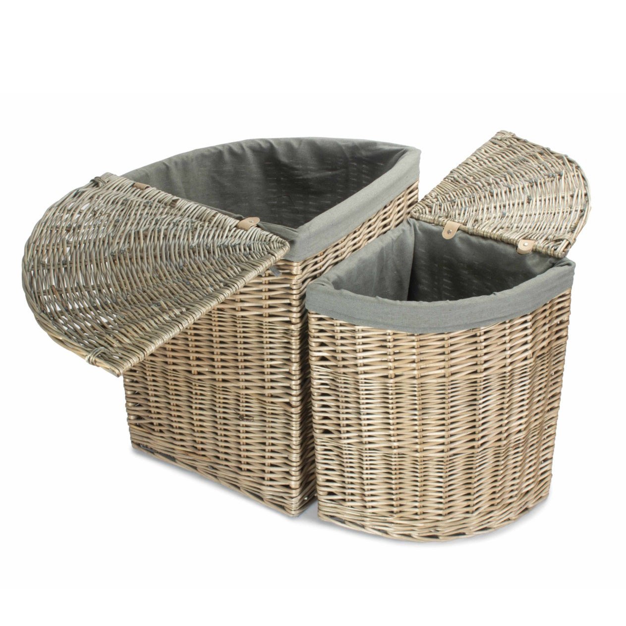 Antique Wash Willow Corner Linen Basket with Grey Sage Lining Set 2