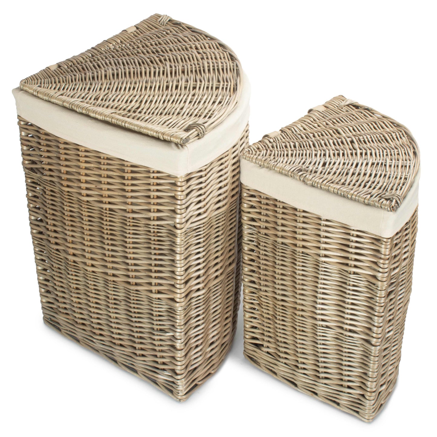 Antique Wash Willow Corner Linen Basket with White Lining Set 2